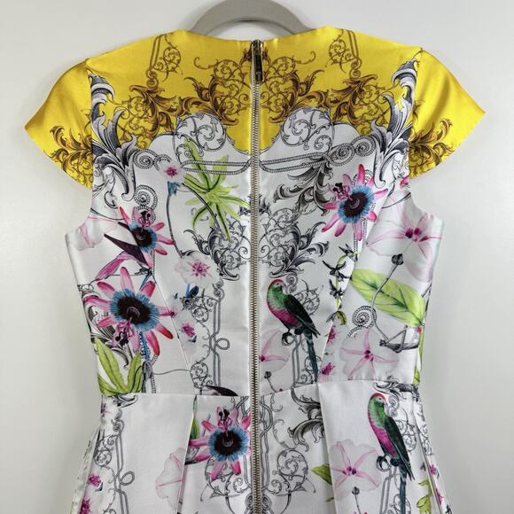 Ted Baker NWOT Passion Flower Bird Print Dress Size US 0/2 Fit & Flare Pleated - Picture 11 of 16